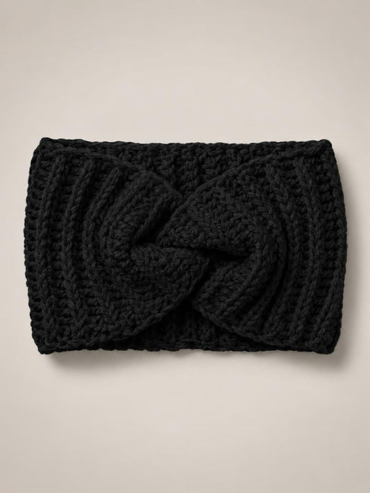 Handmade knitted headband in black - wool and synthetic blend