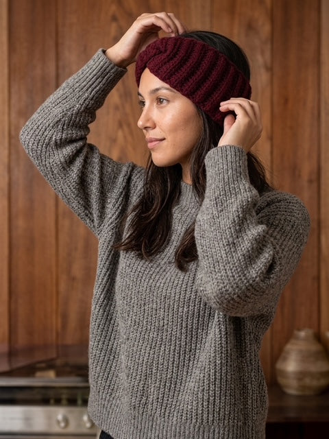 Handmade knitted headband - side view, wool and synthetic blend